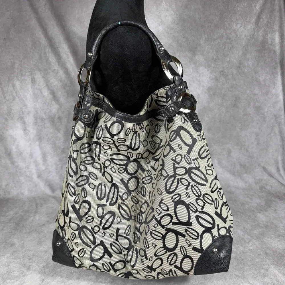 Vtg Bebe Monogram Logo Canvas Hobo Shoulder Bag Black Silver Y2K Slouchy Purse